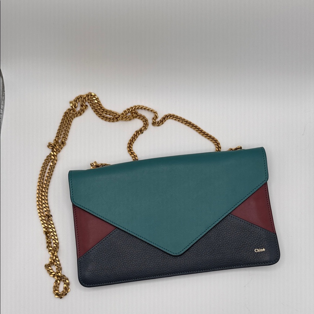 Chloe Teal, Navy & Burgundy Color-Block Chain Shoulder Clutch